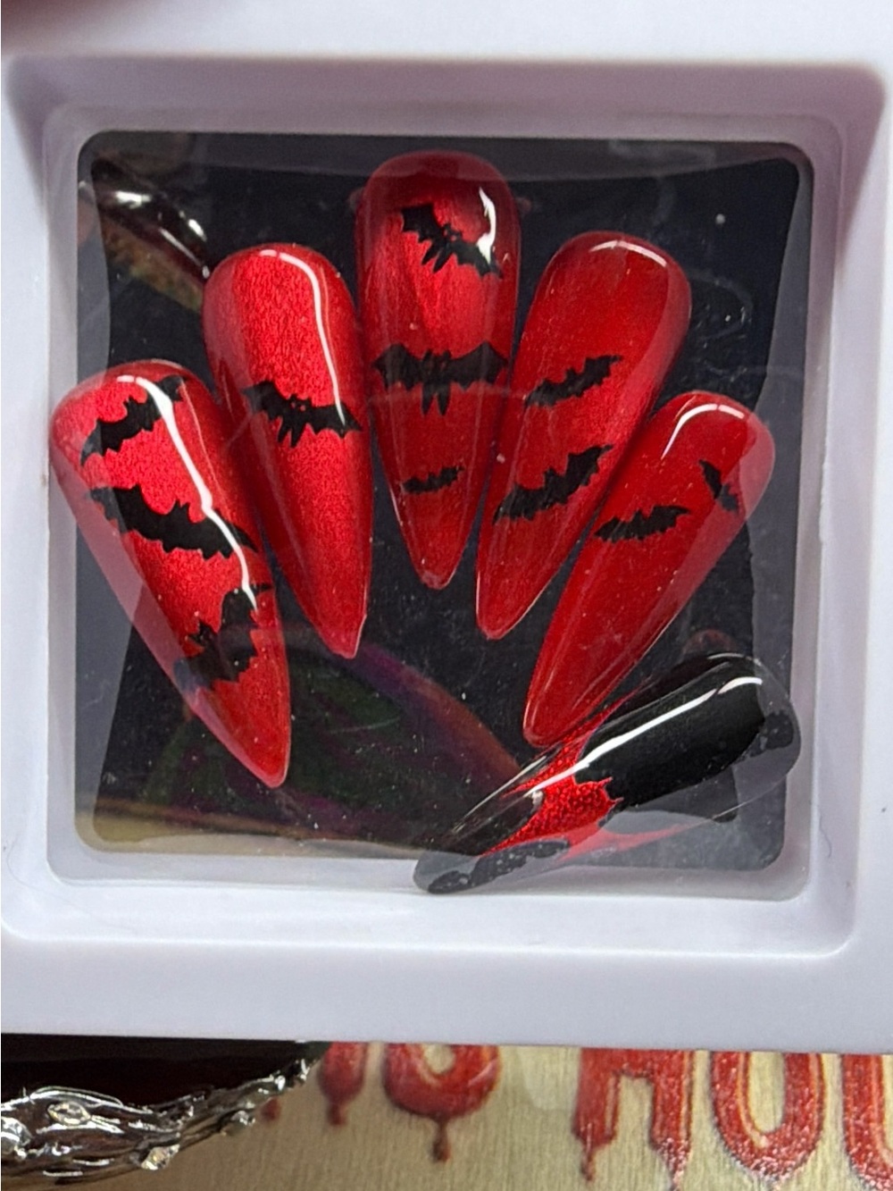 Red Bat Accent Press-On Nails - Halloween Ready